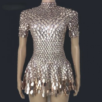 Leotard Shining Lovely Sequins Mini Dress Costume Celebrate Rhinestone Bodysuit Birthday Silver Dress Gold Silver